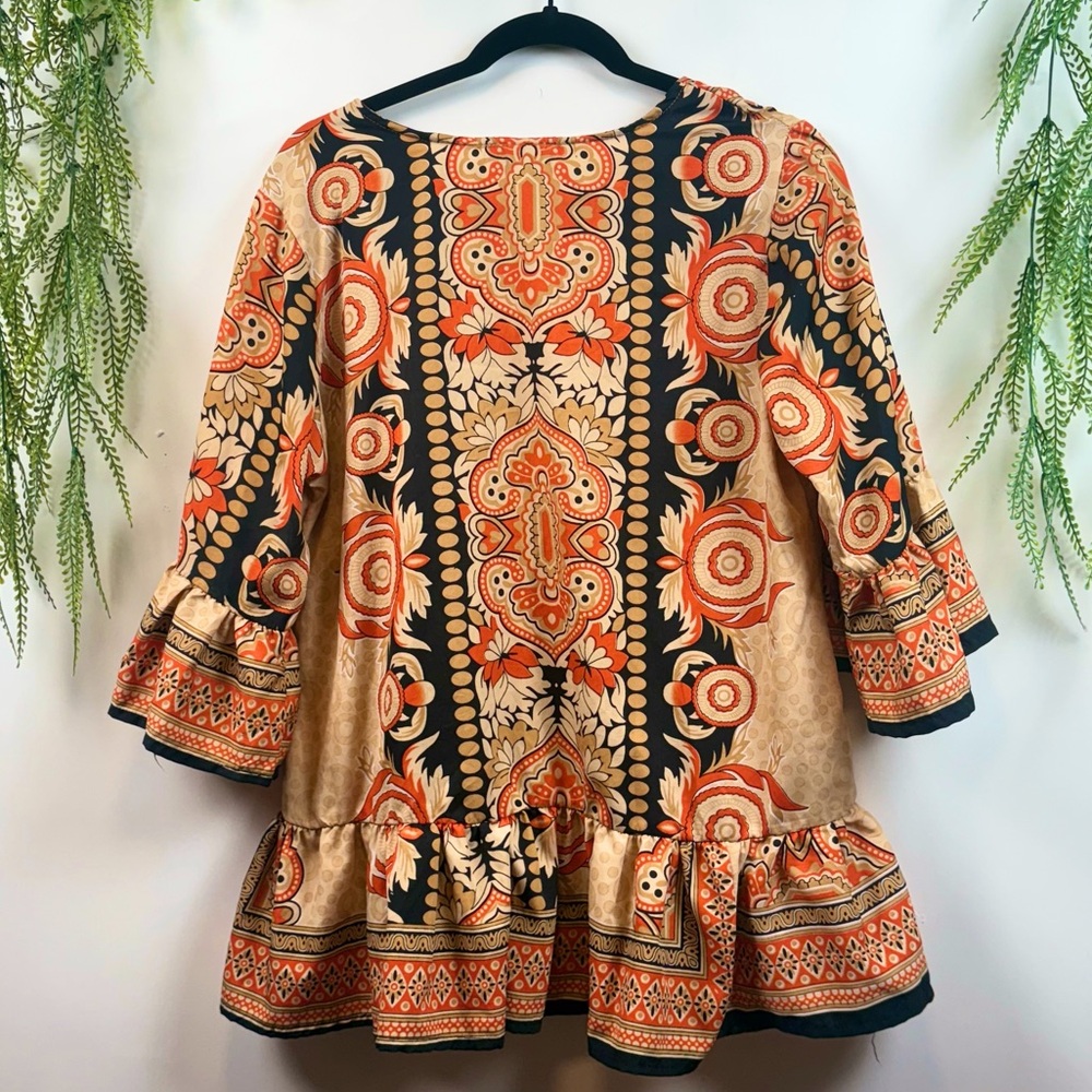 Bohemian Floral Print Blouse - Orange and Black